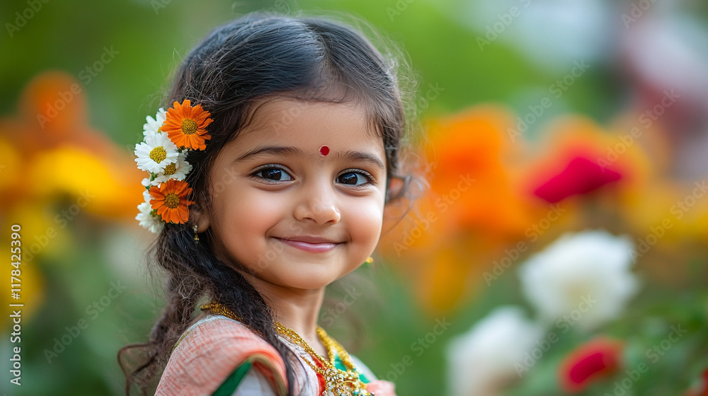 Young girl smiling among colorful flowers in a garden during a festive celebration Young girl smiling among colorful flowers in a garden during a festive celebration