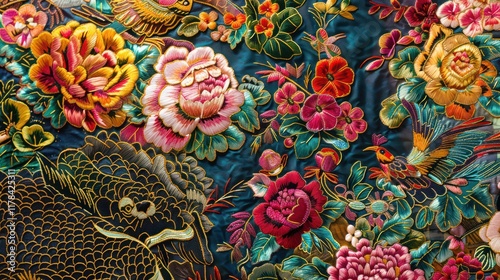 Sichuan embroidery details combine gold with beautiful bird batik concepts. photo