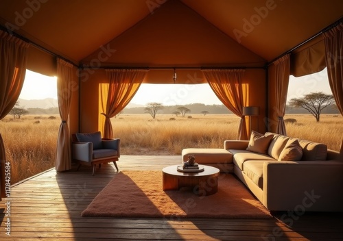 Cozy safari lounge overlooking serene savanna landscape at sunset in Africa