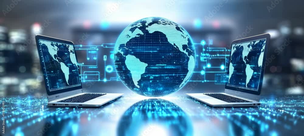 Rotating digital earth globe hologram from laptop. Global internet network telecom and communication. Generative video AI technology.	
