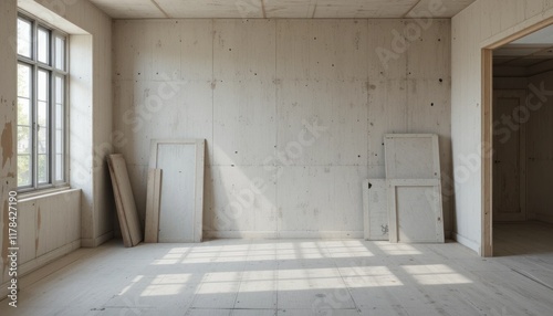 If you look closely you can see the grainy surface of the drywall sheets as they lean against one another in a peaceful vacant room awaiting transformation. photo