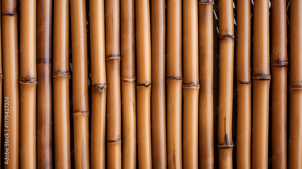 Naklejka premium Close up of bamboo wall background mat, rows of brown bamboo, HD banner, zen, asian 