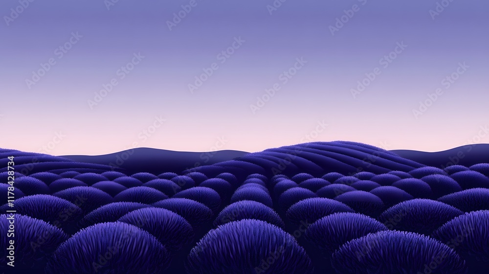 Obraz premium A serene lavender field under the twilight sky, with rows of purple flowers stretching to the horizon. captures the tranquility and beauty of nature