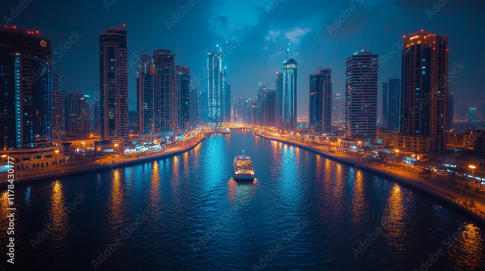 Fototapeta premium Nighttime skyline view of a bustling city with illuminated skyscrapers along the river