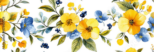 Yellow and blue berries, white background, gray leaves, yellow flowers, generative AI