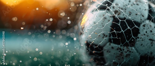 Close-Up of a Soccer Ball in the Net with Water Droplets and Soft Sunset Background, Dynamic Sports Vibe photo