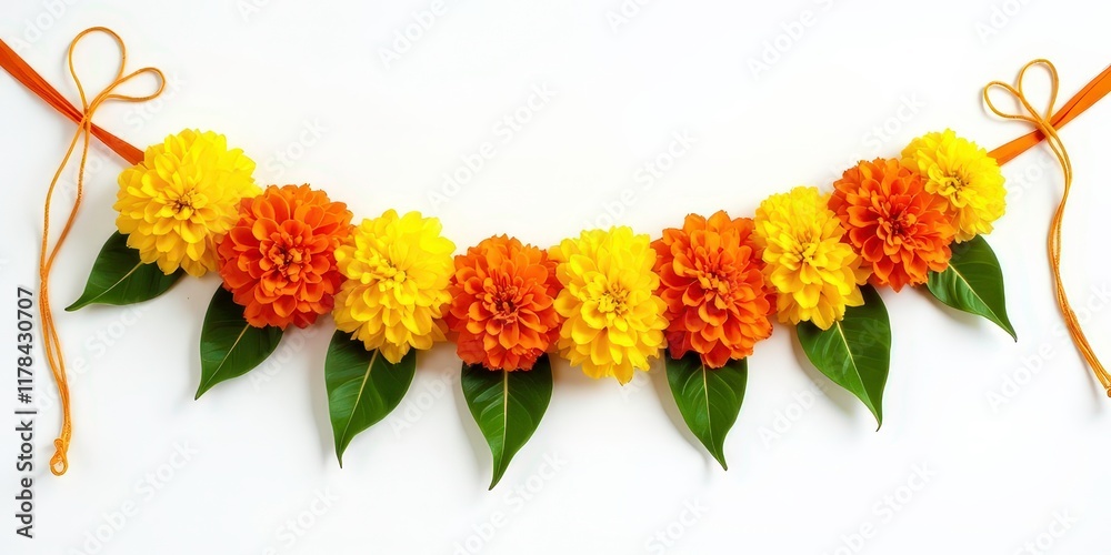 Obraz premium Marigold Garland: A vibrant garland of yellow and orange marigolds, strung together with a delicate orange ribbon, adorned with green leaves, festive, Diwali, makar sankranti, holi, new year