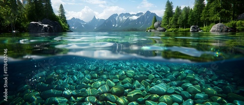 Tranquil Mountain Lake with Crystal Clear Waters and Colorful Rocks Underneath, Surrounded by Lush Green Forests