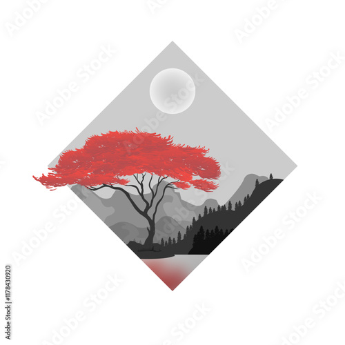 nature japan theme landscape masked with tile shape photo