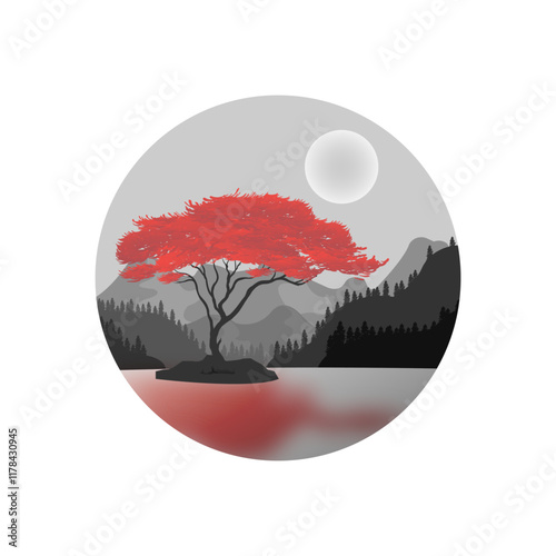 nature japan theme landscape masked with circle shape