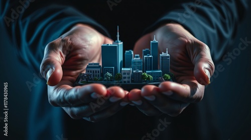 A conceptual close-up of hands delicately holding a miniature city model, emphasizing themes of urbanization, real estate, and responsibility in urban development.