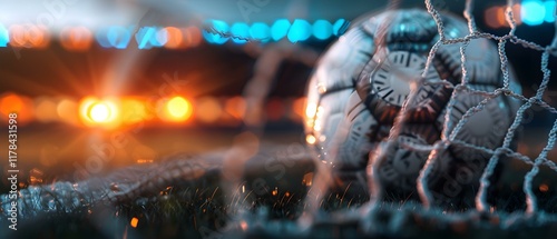 Close-up View of a Soccer Ball in the Goalnet Under Dramatic Stadium Lights at Sunset photo