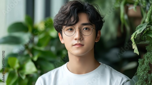 Young man with dark hair and round glasses, posing against a lush green background. Perfect for blogs, articles, or websites focusing on youth, style, or Asian culture.