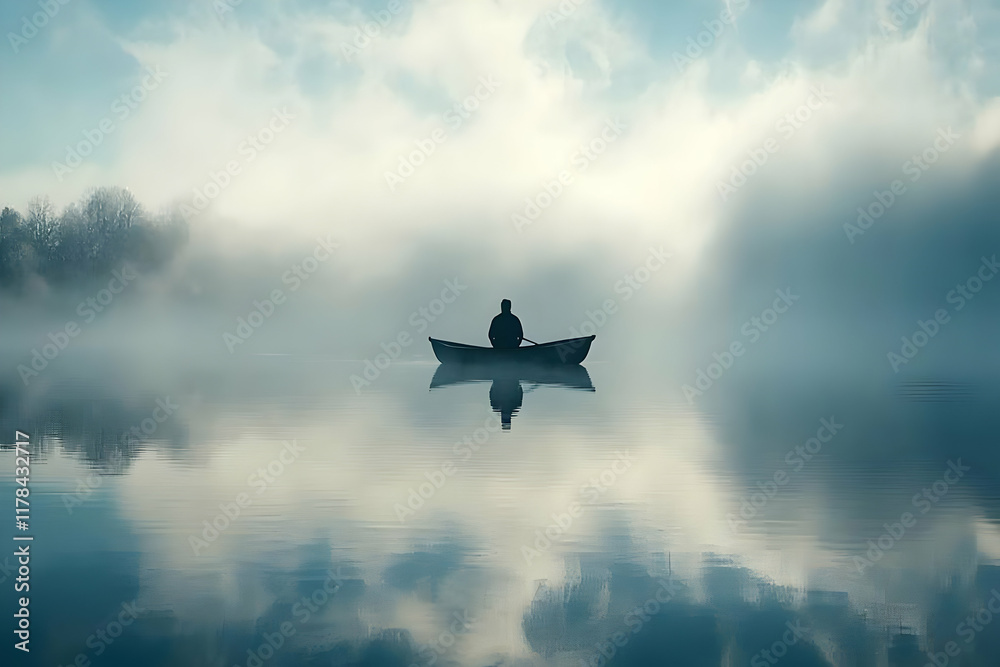 Man Rows Boat on Misty Lake at Dawn Man Rows Boat on Misty Lake at Dawn