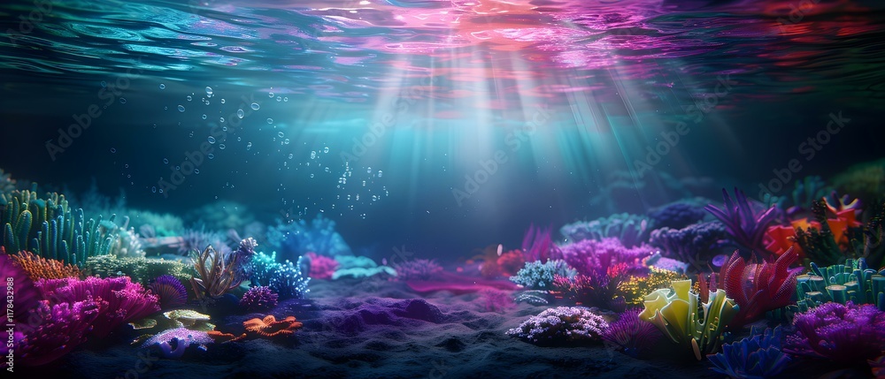 Fototapeta premium Underwater Scene with Vibrant Coral Reefs and Sunlight Streaming Through Water Surface