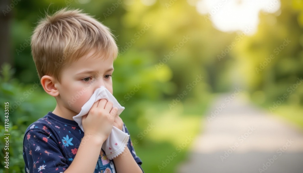 A young boy sneezing into a handkerchief while standing outdoors,surrounded by greenery, symbolizing allergies or seasonal illness. A young boy sneezing into a handkerchief while standing outdoors,surrounded by greenery, symbolizing allergies or seasonal illness.