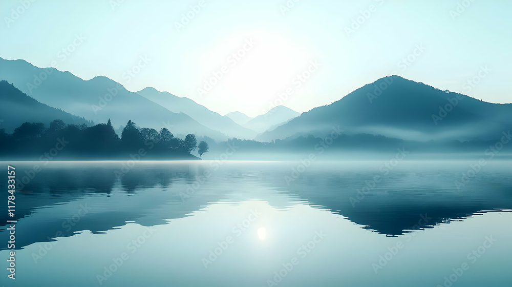 Misty Mountains Reflecting in Calm Lake Misty Mountains Reflecting in Calm Lake