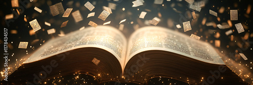 An open book with letters from multiple languages floating into the air, symbolizing the freedom and opportunity that comes with learning foreign languages.   photo