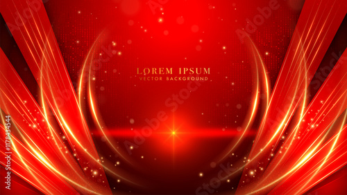 Elegant abstract background in deep red with golden glowing curves, dynamic light streaks effect