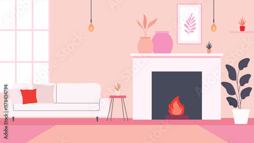 Living Room Interior Landscape Illustration with Sofa Couch and Plant on Pink Wall Background