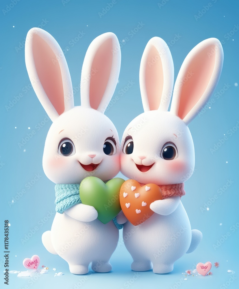 Two adorable rabbits tenderly hold a red heart, embodying love and affection, perfect for celebrating Valentine's Day in a whimsical way. Two adorable rabbits tenderly hold a red heart, embodying love and affection, perfect for celebrating Valentine's Day in a whimsical way.