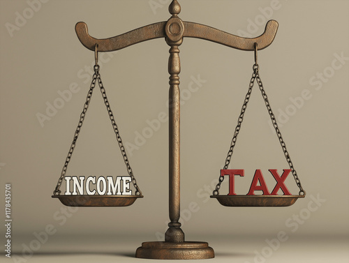 Tax returns period sees the balancing of income and tax through concept image of manual scale balancing profit and taxes