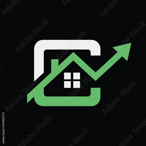 The image shows a flat monogram logo design of an initial letter C with a house shape and an arrow pointing upward for real estate company logo   