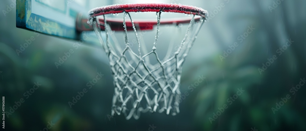 Foggy Basketball Hoop Surrounded by Lush Greenery in an Outdoor Setting Foggy Basketball Hoop Surrounded by Lush Greenery in an Outdoor Setting