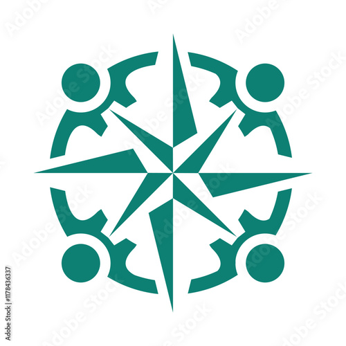 The image shows a flat logo design that depicts four abstract people holding together forming a circle with a compass rose icon on the middle 