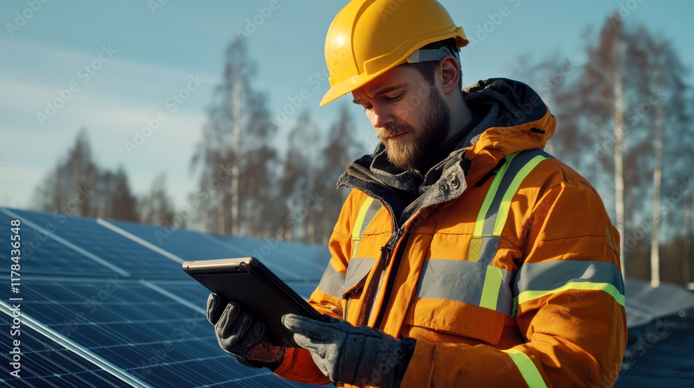 Obraz premium a professional solar panel technician wearing a high-visibility orange safety jacket and a yellow hard hat to holding a digital tablet standing by solar grid at solar farm.