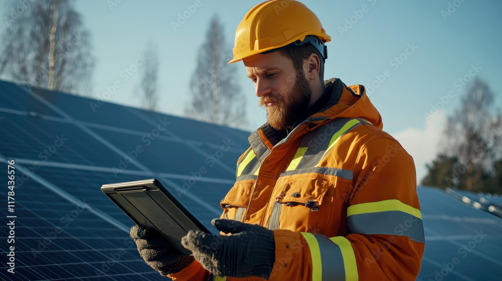 Obraz premium a professional solar panel technician wearing a high-visibility orange safety jacket and a yellow hard hat to holding a digital tablet standing by solar grid at solar farm.