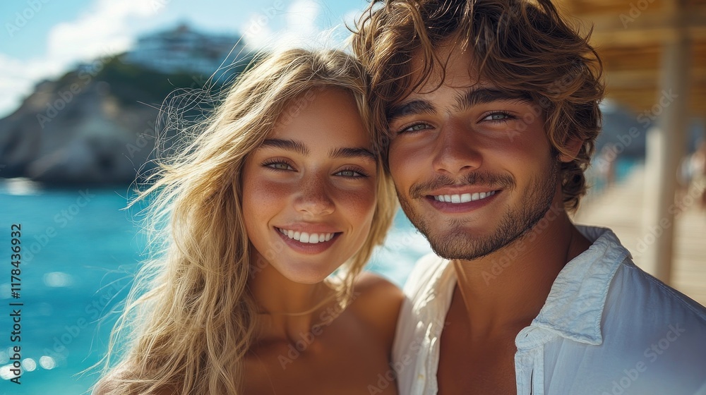 A smiling couple poses together by the ocean, enjoying a sunny day. A smiling couple poses together by the ocean, enjoying a sunny day.