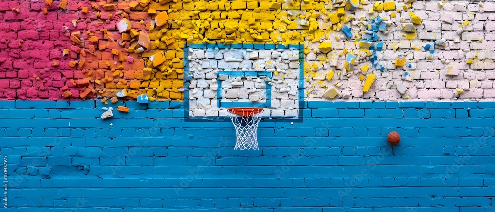 Fototapeta premium Bright Urban Basketball Court with Colorful Brick Wall and Basketball Ready to Shoot