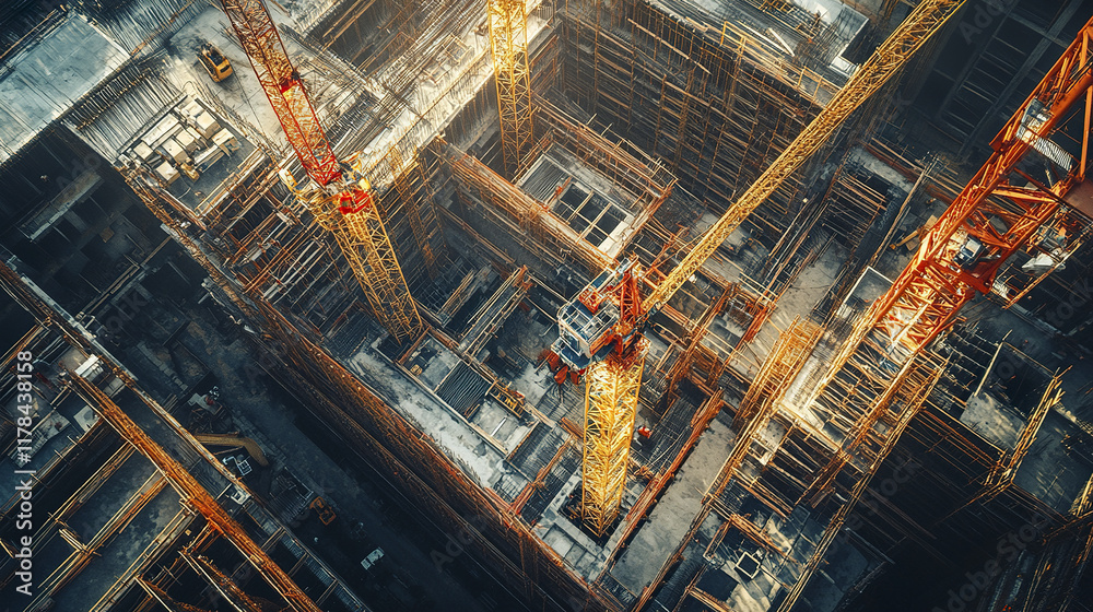 Aerial view of bustling construction site with cranes and scaffolding Aerial view of bustling construction site with cranes and scaffolding
