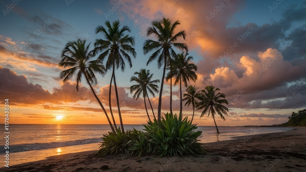 Fototapeta premium Golden Horizon: Nikau Palms Beneath a Vibrant Sunset at the Beach