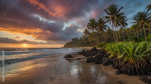 Sunset Serenity: Nikau Palms Framing a Peaceful Tropical Beach photo