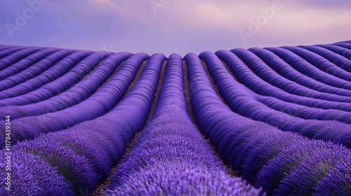 A serene lavender field under the twilight sky, with rows of purple flowers stretching to the horizon. captures the tranquility and beauty of nature