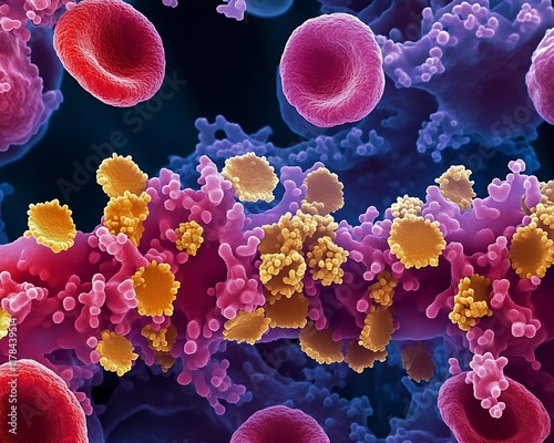 A vibrant microscopic view of platelets aggregating during clot formation with red blood cells in the background
