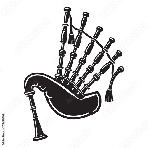 Bagpipes Silhouette Vector Illustration, Solid White Background.