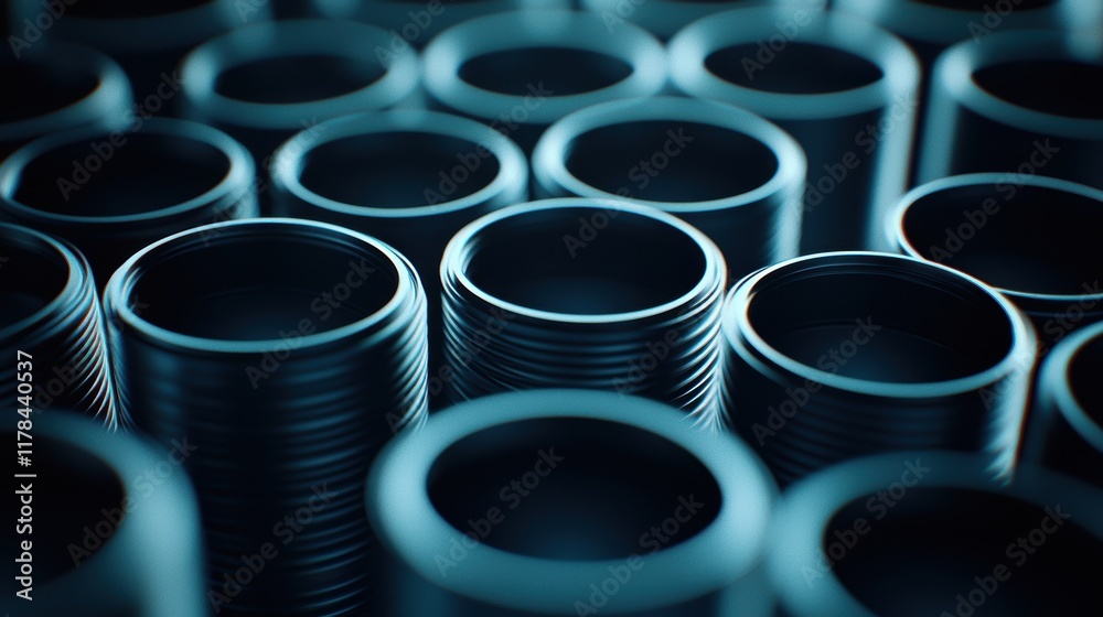A close-up view of multiple cylindrical metallic objects, showcasing their smooth surfaces and intricate textures in a dimly lit environment. A close-up view of multiple cylindrical metallic objects, showcasing their smooth surfaces and intricate textures in a dimly lit environment.