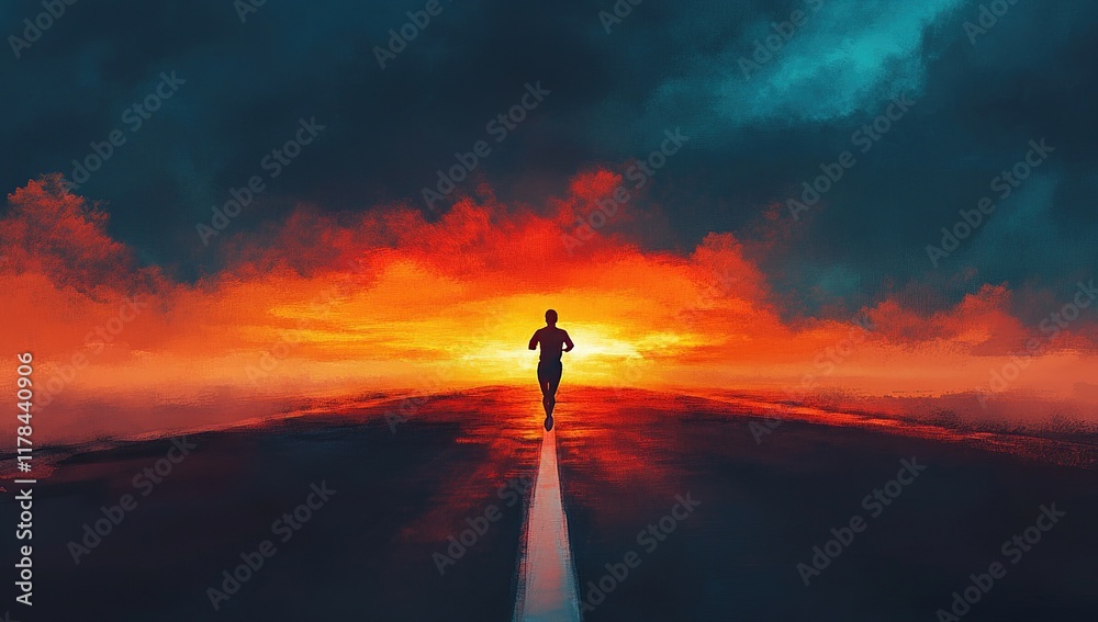 Runner Silhouetted Against Fiery Sunset: A Journey Towards Hope and Perseverance on an Open Road Runner Silhouetted Against Fiery Sunset: A Journey Towards Hope and Perseverance on an Open Road