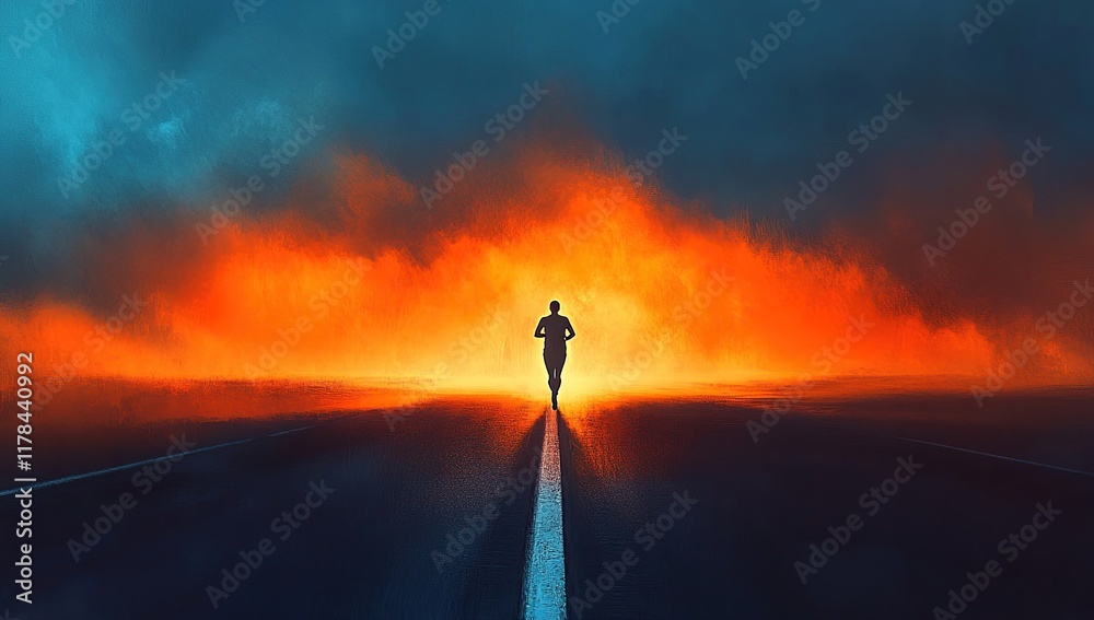 Runner Races Towards Fiery Sunset on Empty Road, Achieving Goals with Determination and Perseverance. Runner Races Towards Fiery Sunset on Empty Road, Achieving Goals with Determination and Perseverance.