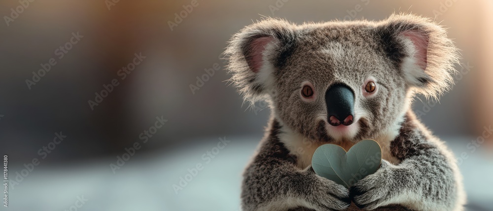 Fototapeta premium A cute koala holds a heart-shaped object, exuding charm and affection in a warm, softly lit setting.