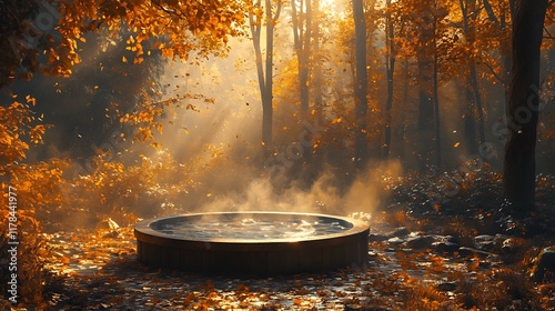 A steaming hot tub placed in the middle of an autumn forest clearing, surrounded by fallen leaves and trees with golden and orange foliage, with soft shadows and sunlight creating a peaceful,