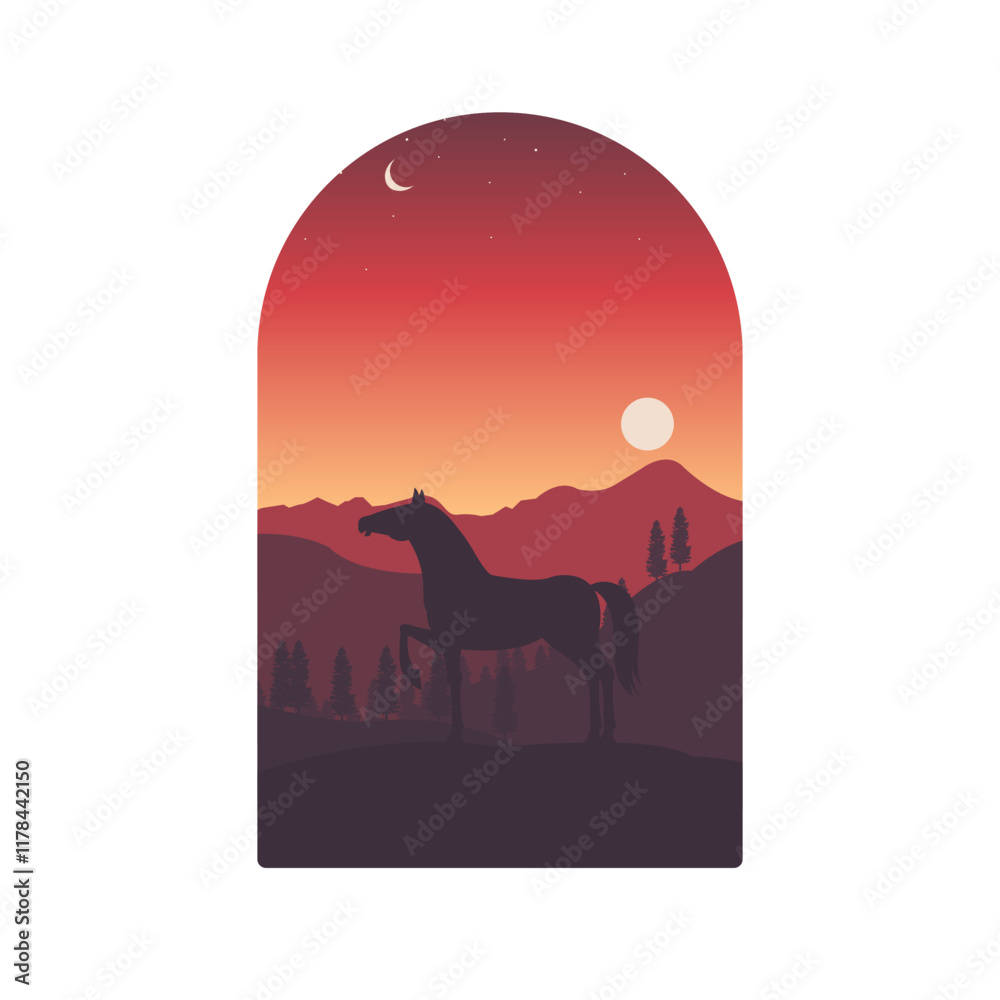Naklejka premium horse silhouette with sunset background masked with window shape