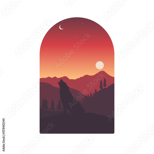 Wolf silhouette with sunset background masked with classic window shape