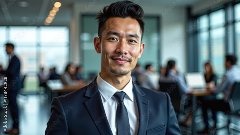 Business professional in a formal suit standing in a contemporary office during a meeting. Business professional in a formal suit standing in a contemporary office during a meeting.