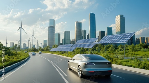 Eco-Friendly Cityscape: Electric Vehicle on a Sustainable Highway
