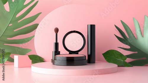 Cosmetic product mockup on pink wall with green leaf