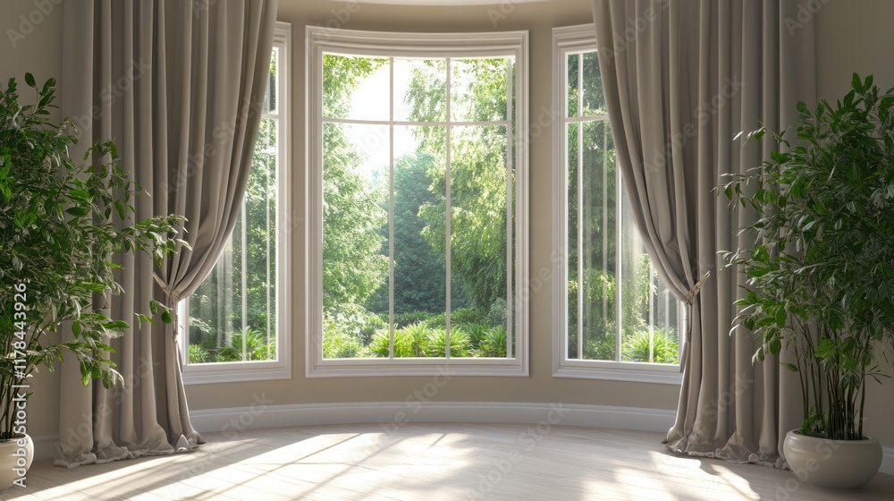 Serene Bay Window View: Sunlight Streaming Through Elegant Curtains and Lush Greenery Serene Bay Window View: Sunlight Streaming Through Elegant Curtains and Lush Greenery